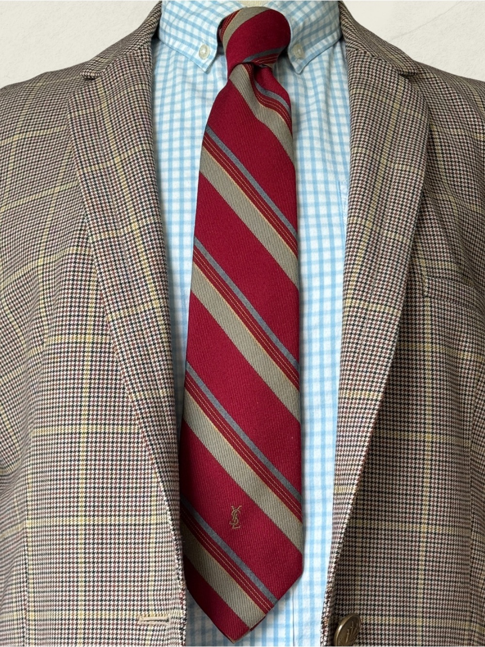 Vintage Yves Saint Laurent Repp-Stripe Embroidered YSL Monogram Regimental Tie - Picture 6 of 6